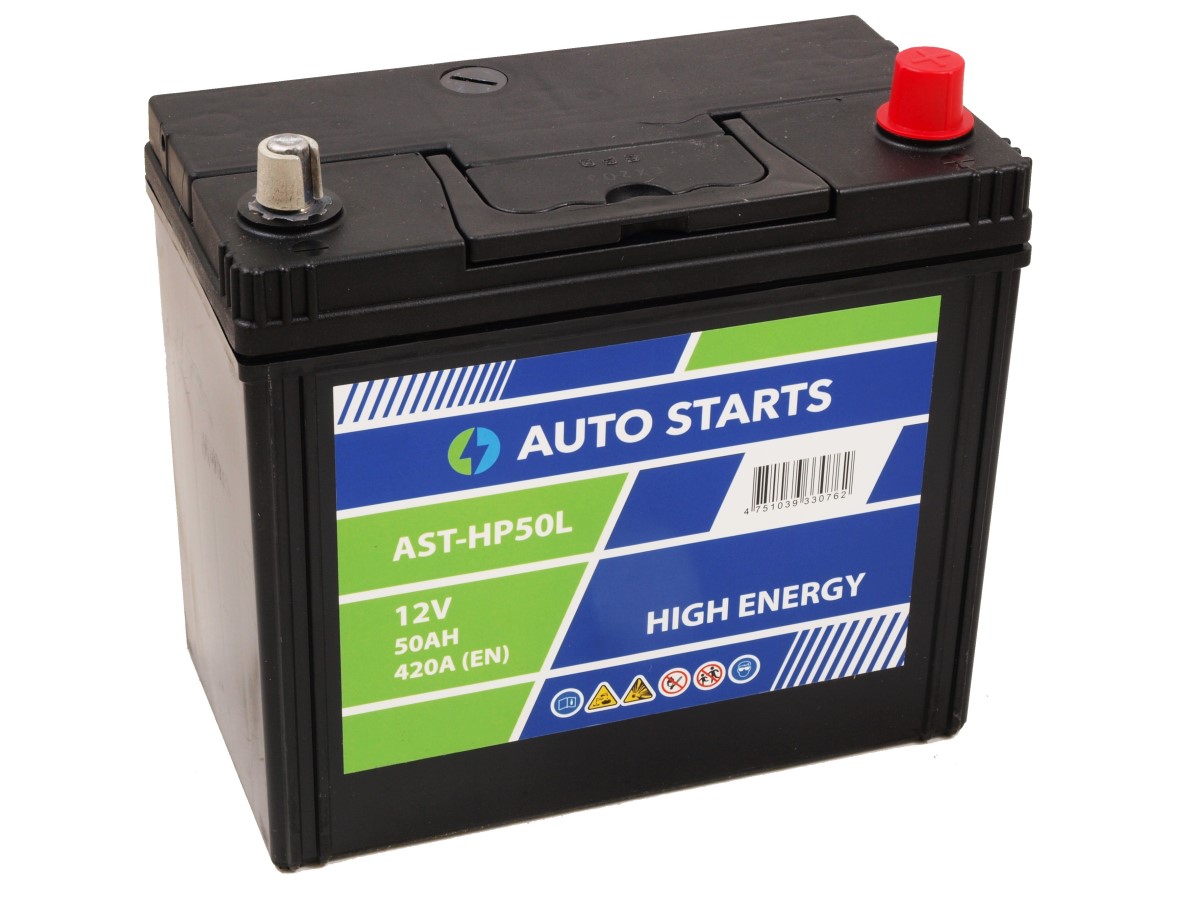 Akumulators AUTO STARTS HIGH POWER JIS 12V 50Ah, 420A (EN) 238x129x227 0/3 ar klemmju adapteri uz 1